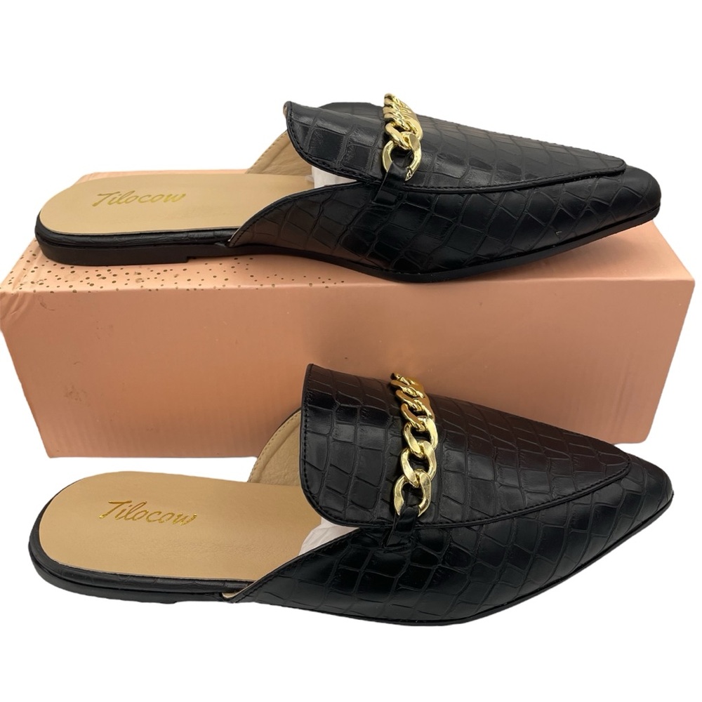 Tilocow black faux leather animal print slip-on mules gold chain women’s Size 9W